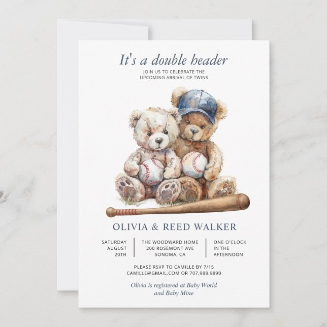Twins Baseball Double Header Bear Baby Shower Invitation (Front)