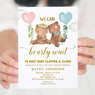 Twins Bear Balloon Baby Shower Invitation