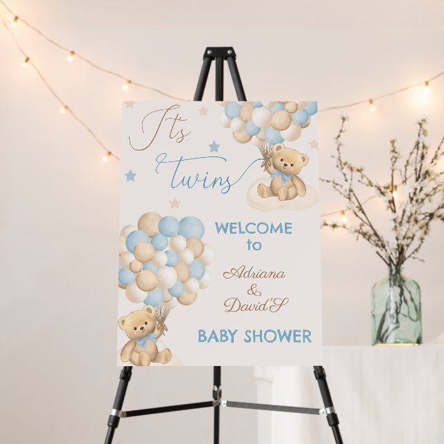 Twins Bear Blue Balloons Baby Shower Welcome Sign (In Situ (Stand))