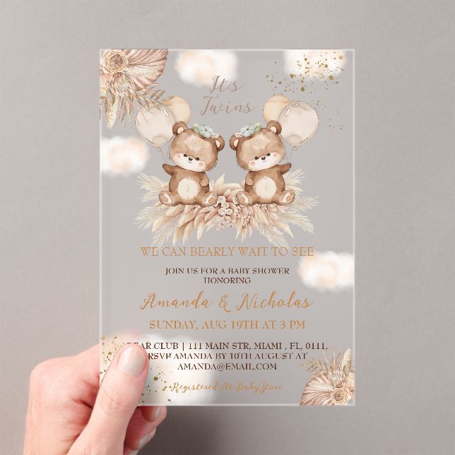 Twins Bear Boho Neutral Baby Shower Acrylic Invitations (Insitu (Handheld))