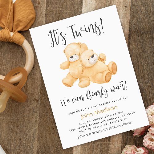 Twins Bear We Can Bearly Wait Baby Shower  Invitation