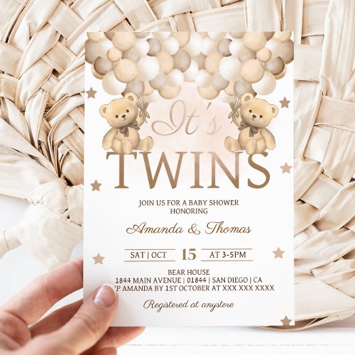 Twins Bear With Neutral Balloons Baby Shower Invitation