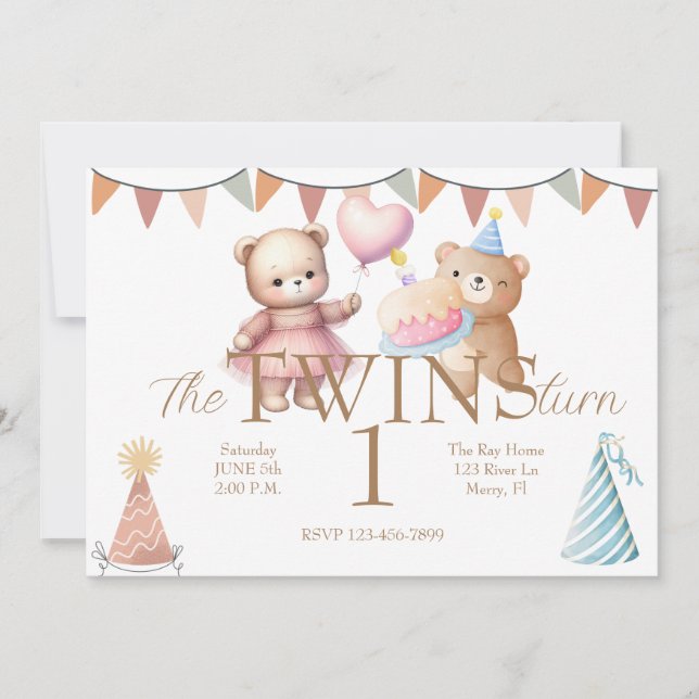 Twins Bear-y First Birthday Invitation (Front)