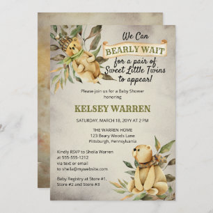 Twins Bearly Wait Woodland Teddy Bear Baby Shower Invitation