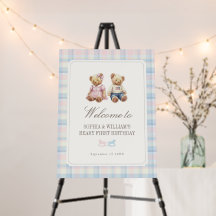 Twins Beary First Birthday Welcome Sign | 