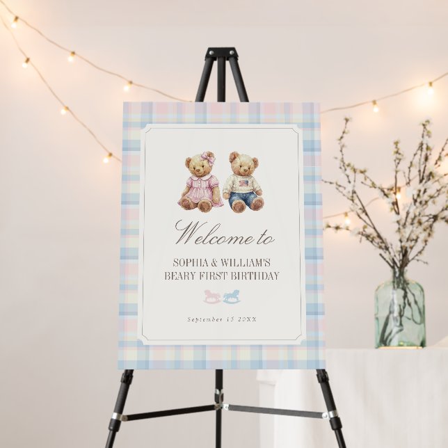 Twins Beary First Birthday Welcome Sign |  (In Situ (Stand))