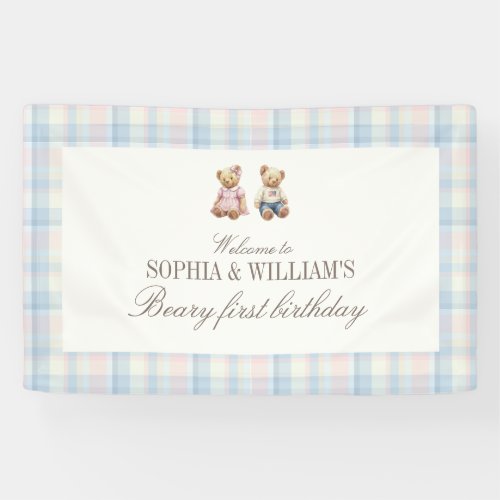 Twins Beary First Teddy Bear Birthday Banner