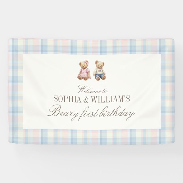 Twins Beary First Teddy Bear Birthday Banner (Horizontal)