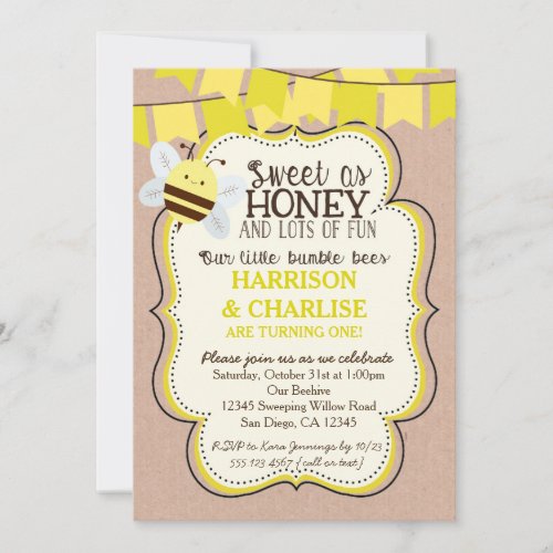 Twins Bees Bee Birthday Invitation for boy or girl