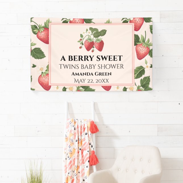 TWINS Berry Sweet Strawberry Baby Shower Banner (Insitu)
