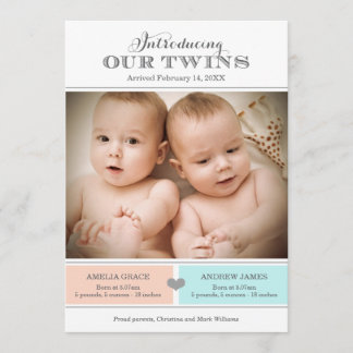 Twins Birth Announcement Card | Baby Girl and Boy