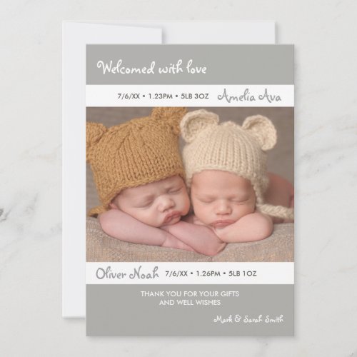 Twins birth announcementthank you card