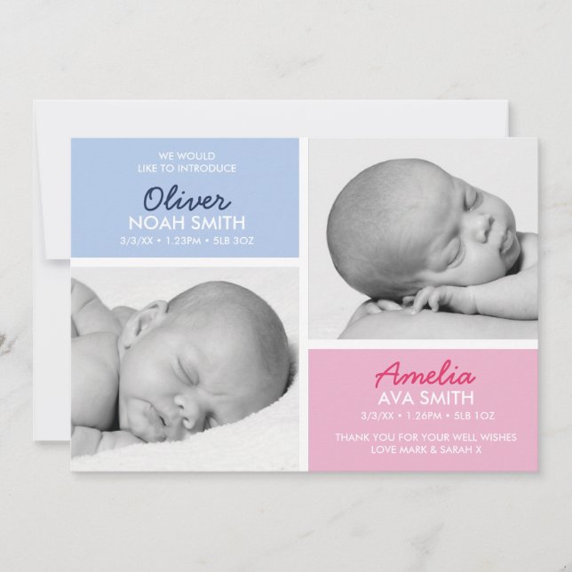 Twins birth announcement/thank you card (Front)