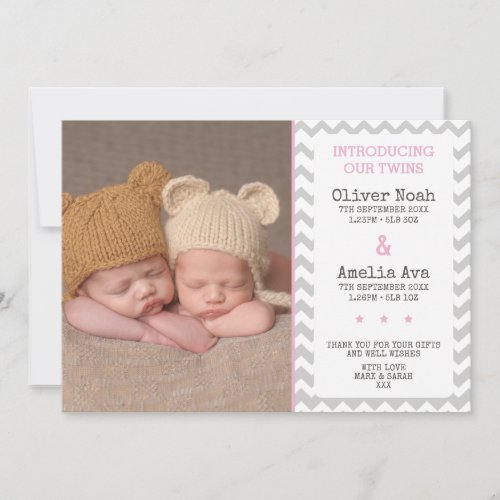 Twins birth announcementthank you card