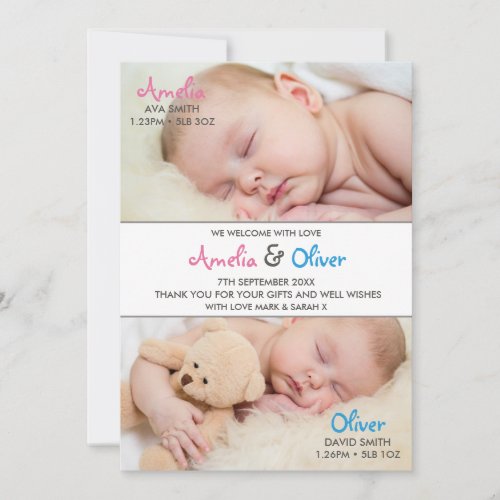 Twins birth announcementthank you card