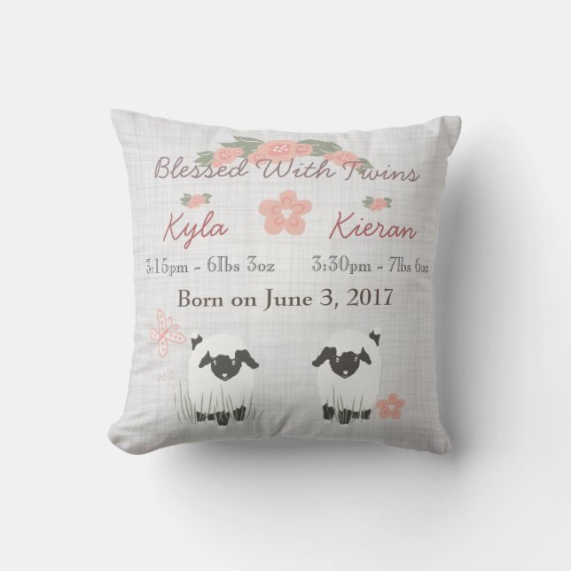 Twins Birth Baby Pillow Lamb Boy Girl Nursery (Front)