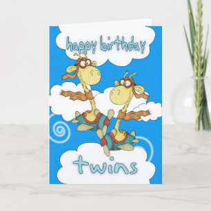 Twins Birthday Card - Aeroplane / Airplane Giraffe