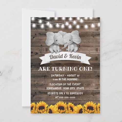 Twins Birthday Cute Elephant Rustic Sunflower Invitation