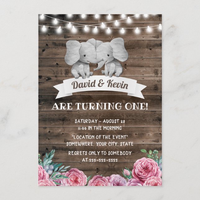 Twins Birthday Cute Elephant Vintage Floral Invitation (Front)