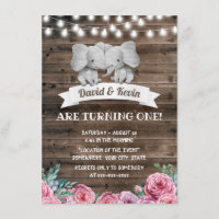 Twins Birthday Cute Elephant Vintage Floral Invitation