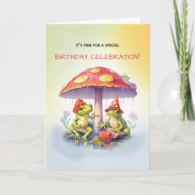 Twins Birthday Cute Frogs Under Mushrooms Card (Front)