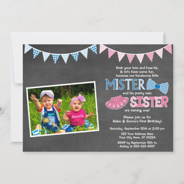 Twins Birthday Invitation | Mister and Sister (Front)