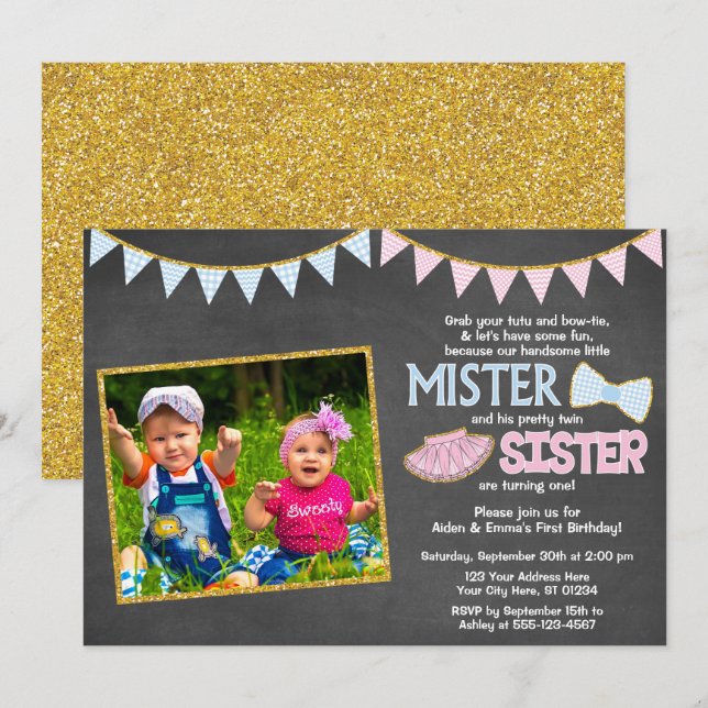 Twins Birthday Invitation | Mister and Sister (Front/Back)