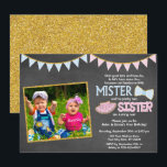 Twins Birthday Invitation | Mister and Sister<br><div class="desc">Mister and Sister Twins Birthday Invitation | Blue,  Pink,  and Gold Joint Birthday Party
● © Puggy Prints. All rights reserved.</div>