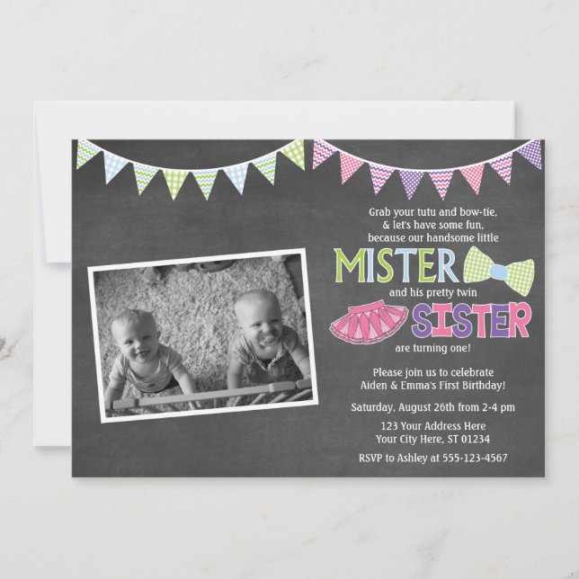 Twins Birthday Invitation - Tutus and Ties Invite (Front)