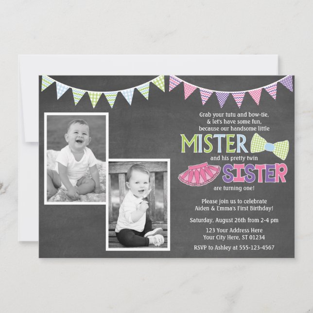 Twins Birthday Invitation - Tutus and Ties Invite (Front)