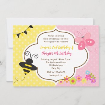 Twins Birthday Invitations Bee Butterfly Garden by CallaChic at Zazzle