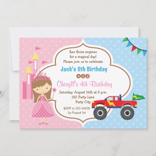 Twins Birthday Invitations Princess Monster Truck