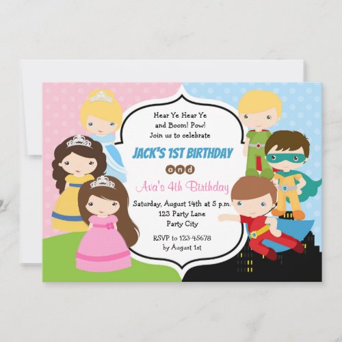 Twins Birthday Invitations Princess Superhero