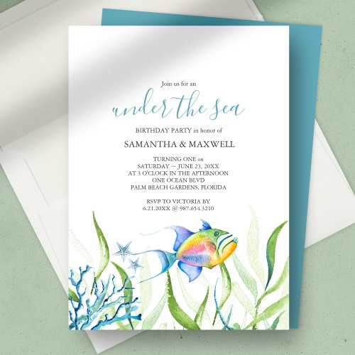 Twins Birthday Party Cute Tropical Watercolor Invitation