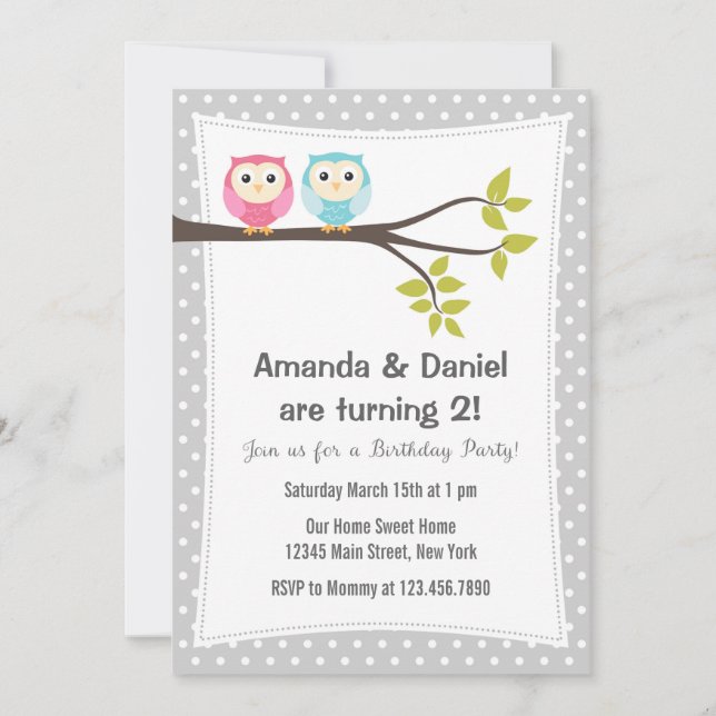 Twins Birthday Party Invitation Owls (Front)