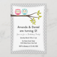 Twins Birthday Party Invitation Owls