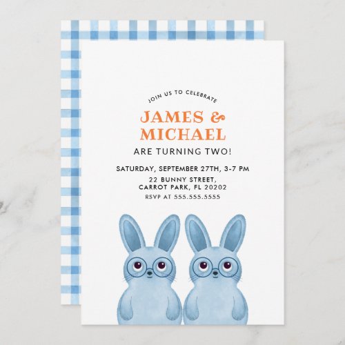 Twins Birthday Party with blue rabbits Invitation