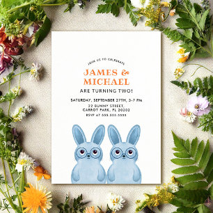 Twins Birthday Party with blue rabbits Invitation