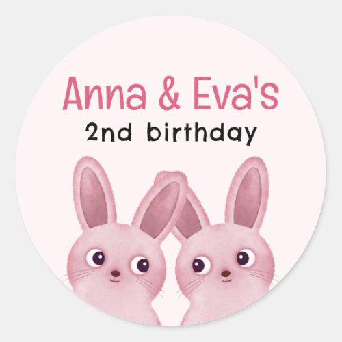 Twins Birthday Party with Pink Baby Bunnies Classic Round Sticker