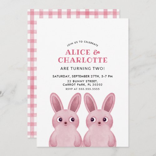 Twins Birthday Party with Pink Baby Bunnies Invitation