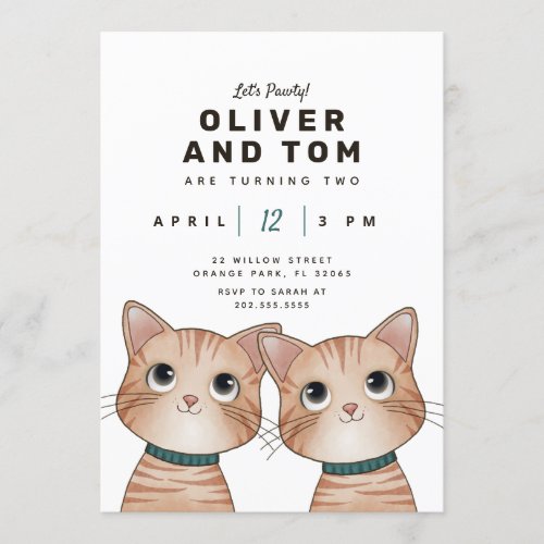 Twins birthday party with two cute kittens invitation