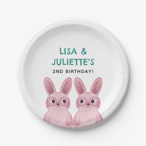 Twins birthday party with two pink bunny girls paper plates