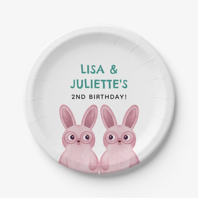 Twins birthday party with two pink bunny girls paper plates (Front)