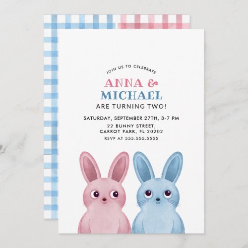 Twins Birthday with blue and pink rabbits Invitation