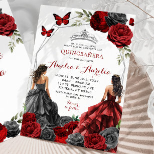 Twins Black and Red Burgundy Floral Quinceañera Invitation