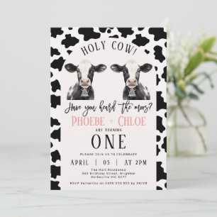 Twins Black Cow Print Arch Holy Cow 1st Birthday Invitation