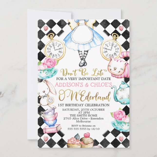 Twins Black Diamond Alice In Onderland Birthday Invitation (Front)