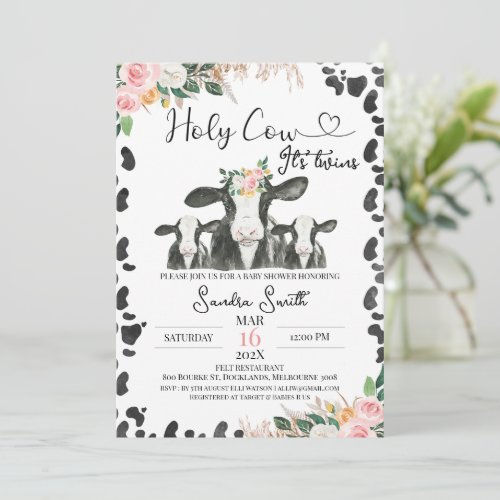 Twins Black White Cow Calves Floral Baby Shower Invitation