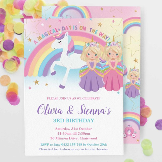 Twins Blonde Blue Eyes Princesses Unicorn Birthday Invitation (Creator Uploaded)