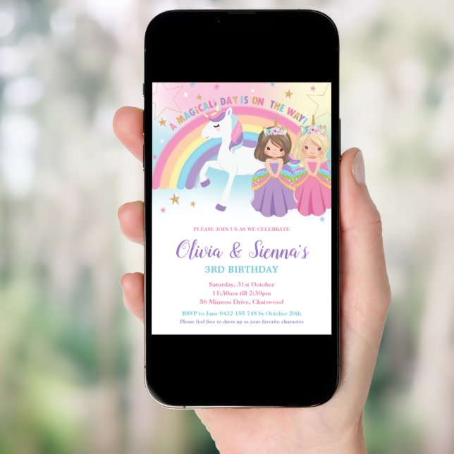 Twins Blonde Brunette Princesses Unicorn Birthday Invitation (Front Digital)
